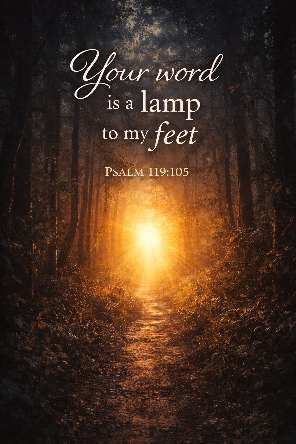 Narrow dark forest path leading toward brilliant golden light at the end of the tunnel, atmospheric mist and towering trees, text "Your word is a lamp to my feet and a light for my path -- Psalm 119:105" -- vertical wallpaper